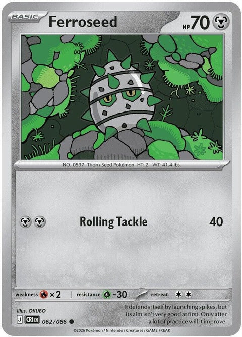 Pokémon Ferroseed from Chaos Rising set, singles card, featuring detailed artwork of the Grass and Steel type Pokémon.