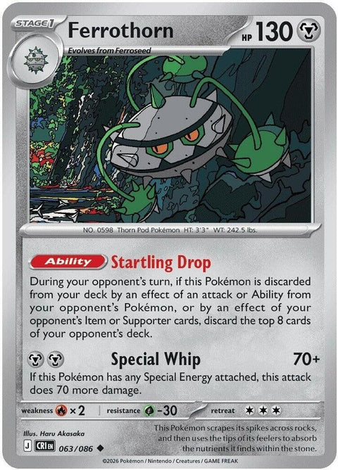 Ferrothorn Pokémon card from Chaos Rising set, featuring detailed artwork and branding on a Pokémon Singles card.