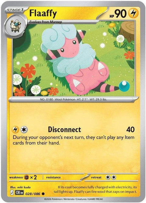 Flaaffy Pokémon card from Chaos Rising set, featuring a pink Electric-type Pokémon with fluffy woolly appearance.