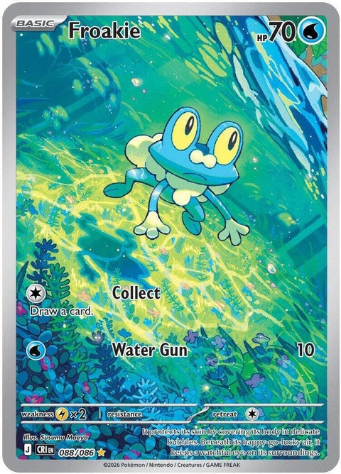 Pokémon Chaos Rising Froakie single card from ME04 set, featuring detailed artwork of the water-type Pokémon.