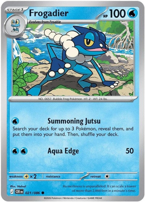 Frogadier Pokémon card from Chaos Rising set, featuring artwork of the Water-type Pokémon in a dynamic pose.