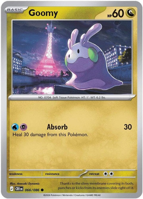 Pokémon Chaos Rising Goomy single card from the ME04 set, featuring detailed artwork of the Dragon-type Pokémon.