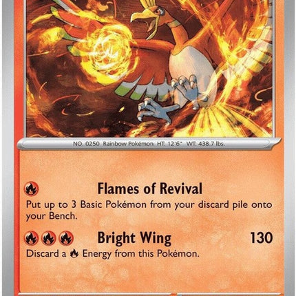 Pokémon Chaos Rising Ho-Oh single trading card from the ME04 series, featuring a vibrant illustration of Ho-Oh.