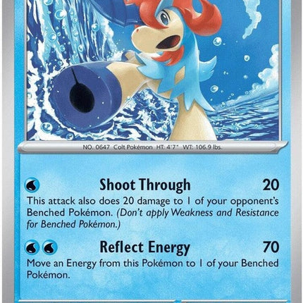 Keldeo Pokémon card from Chaos Rising set, singles edition, featuring artwork of the Water/Fighting type Pokémon.