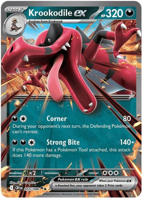 Krookodile EX Pokémon card from Chaos Rising set, featuring a fierce Krookodile illustration and energy background.