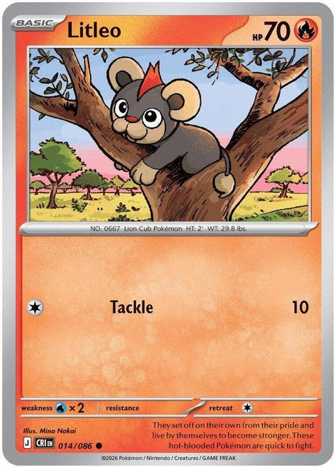 Litleo Pokémon single card from Chaos Rising set, featuring artwork and details of the Fire and Normal type Pokémon.