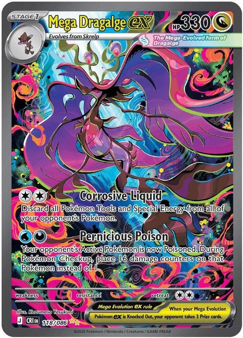 Pokémon Mega Dragalge EX card from Chaos Rising set, featuring detailed artwork of the dragon-type Pokémon in a dynamic pose.