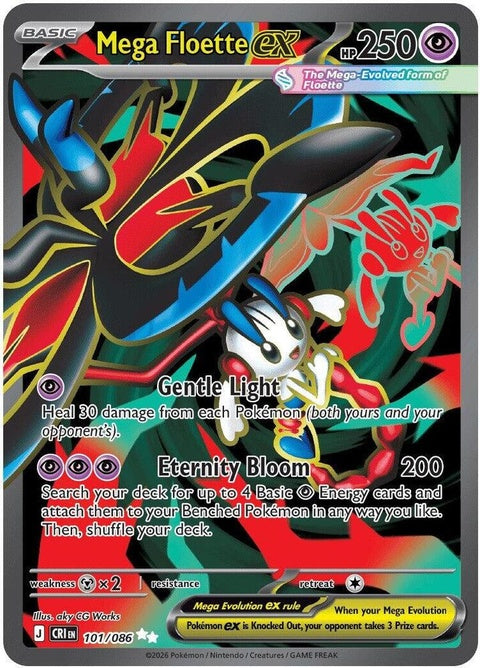 Pokémon Mega Floette EX card from Chaos Rising set, featuring vibrant artwork and detailed Pokémon design.