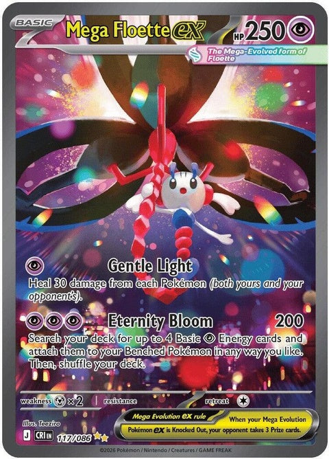 Pokémon Chaos Rising Mega Floette EX card from the ME04 set, featuring vibrant artwork and detailed Pokémon design.