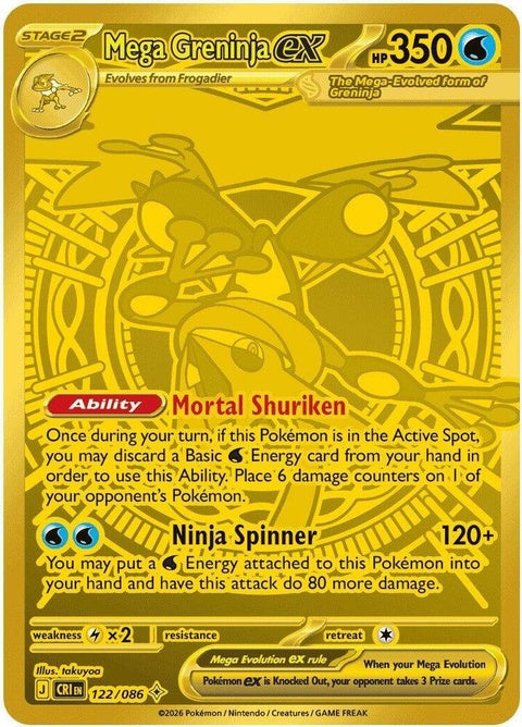 Pokémon Mega Greninja EX card from Chaos Rising set, featuring detailed artwork of Mega Evolution in a Pokémon singles collection.
