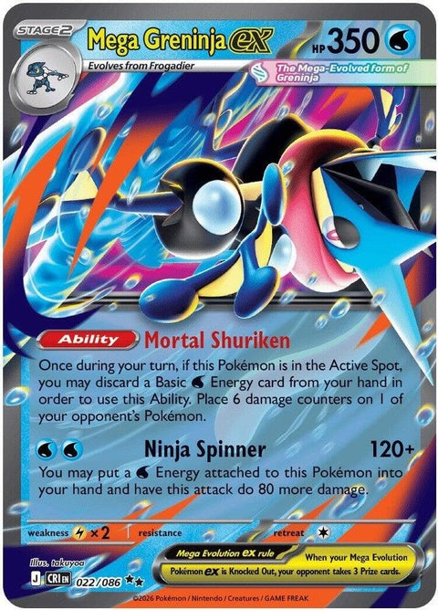 Pokémon Mega Greninja EX card from Chaos Rising set, featuring artwork of a powerful Water/Dark-type Pokémon.