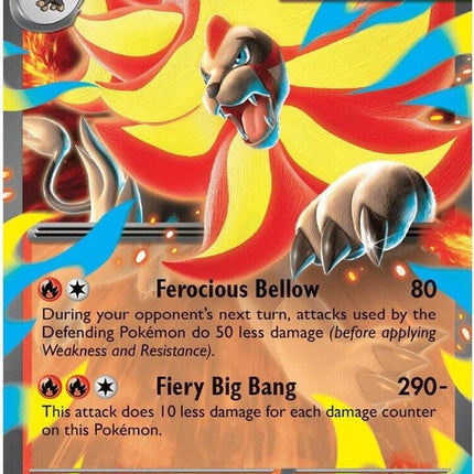 Pokémon Mega Pyroar EX card from Chaos Rising set, featuring a fierce Pokémon with fiery mane and detailed artwork.