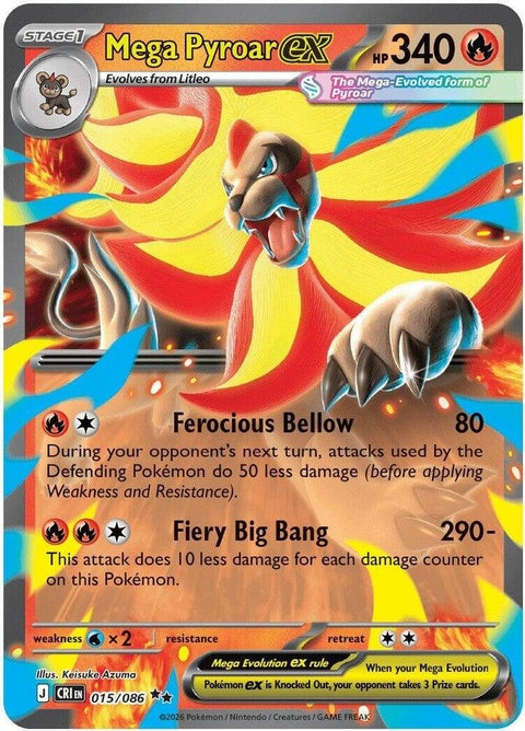 Pokémon Mega Pyroar EX card from Chaos Rising set, featuring a fierce Pokémon with fiery mane and detailed artwork.