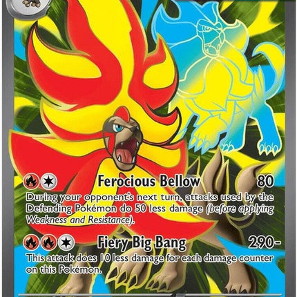 Pokémon Mega Pyroar EX card from Chaos Rising set, featuring vibrant artwork of the Fire and Normal-type Pokémon.