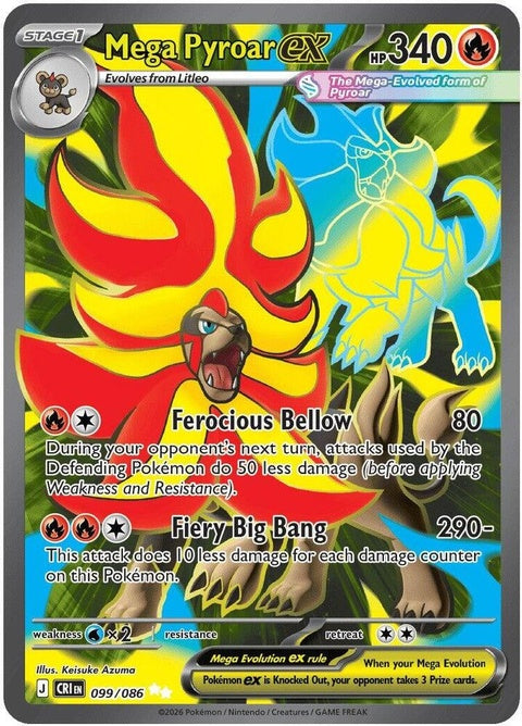 Pokémon Mega Pyroar EX card from Chaos Rising set, featuring vibrant artwork of the Fire and Normal-type Pokémon.