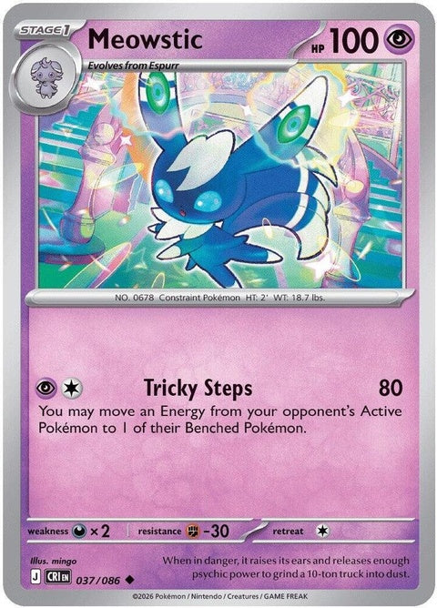 Pokémon Meowstic from Chaos Rising set, singles card, featuring a blue and white feline Pokémon with striking eyes.