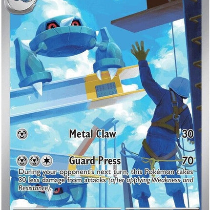 Pokémon Chaos Rising Metang single card from the ME04 set, featuring a metallic blue and gray Metang illustration.