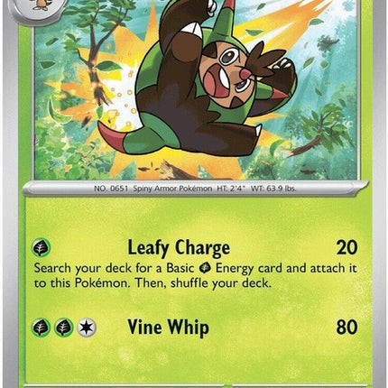 Pokémon Chaos Rising Quilladin single card from the ME04 set, featuring detailed artwork of the Grass-type Pokémon.