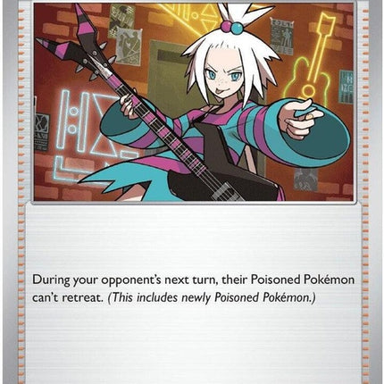 Pokémon Chaos Rising Roxie's Performance single card, featuring artwork of Roxie from the Pokémon trading card game.