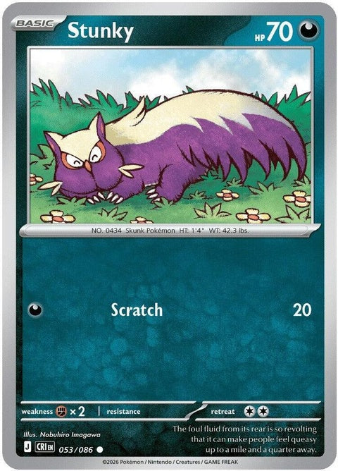 Pokémon Chaos Rising Stunky single card from the ME04 set, featuring detailed artwork of the dark and poison-type Pokémon.