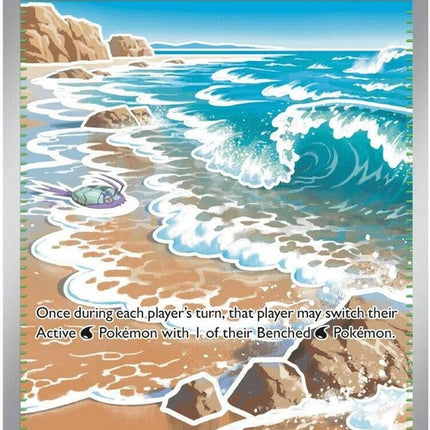 Pokémon Chaos Rising Surfing Beach single card, featuring vibrant artwork of a surfing scene with Pokémon characters.
