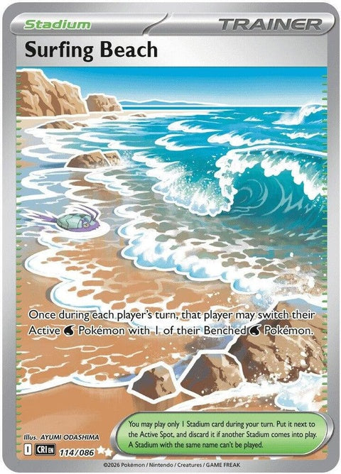 Pokémon Chaos Rising Surfing Beach single card, featuring vibrant artwork of a surfing scene with Pokémon characters.
