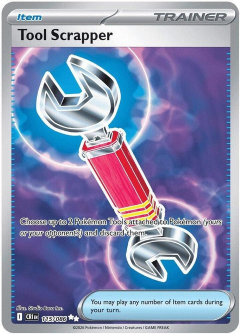 Pokémon Chaos Rising Tool Scrapper single card from the ME04 set, featuring vibrant Pokémon artwork and branding.