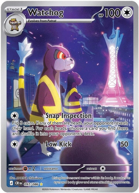 Pokémon Chaos Rising Watchog 97 card from the ME04 singles set, featuring a detailed illustration of the Watchog Pokémon.