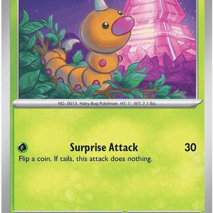 Pokémon Chaos Rising Weedle single card from ME04 set, featuring colorful illustration of the insect Pokémon.
