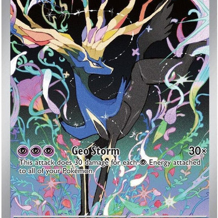 Pokémon Chaos Rising Xerneas single card from ME04 set, featuring vibrant artwork of the legendary Pokémon Xerneas.