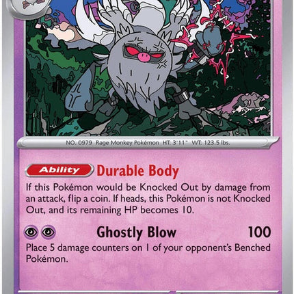 Pitch Black Annihilape Pokémon single card from the ME05 set, featuring detailed artwork and branding.