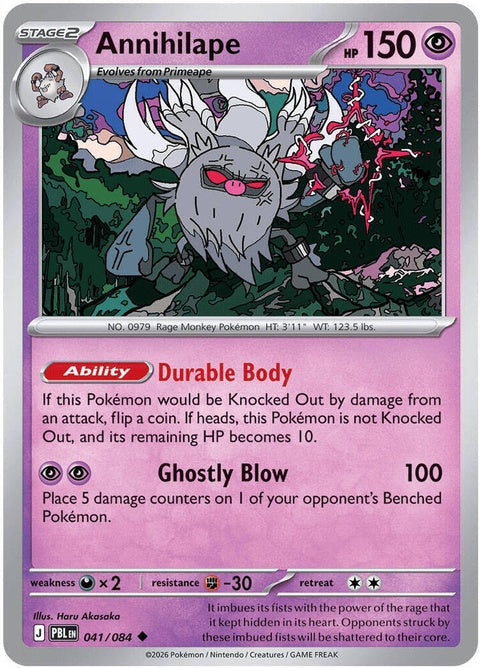 Pitch Black Annihilape Pokémon single card from the ME05 set, featuring detailed artwork and branding.