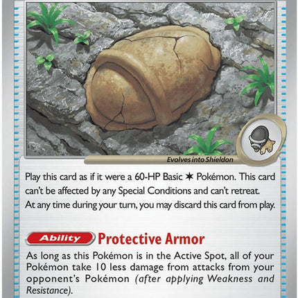 Pokémon ME05 Pitch Black Antique Armor Fossil single card, featuring detailed artwork of fossilized armor in dark tones.