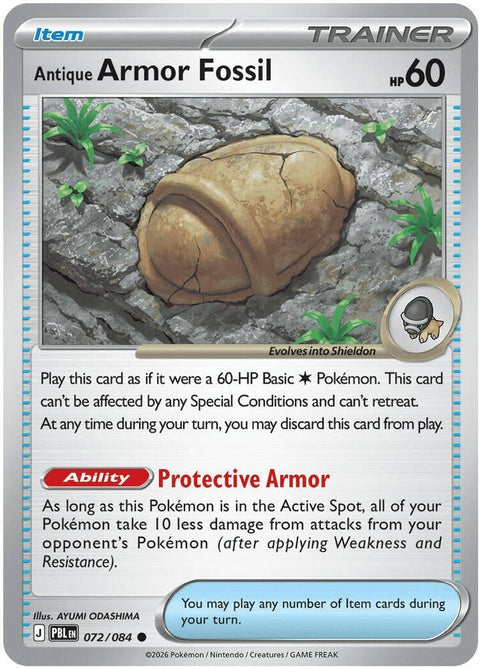 Pokémon ME05 Pitch Black Antique Armor Fossil single card, featuring detailed artwork of fossilized armor in dark tones.