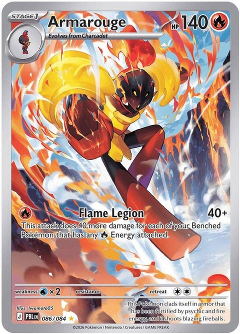Pitch Black Armarouge Pokémon card from the ME05 singles set, featuring detailed artwork of the Fire/Battle Pokémon.