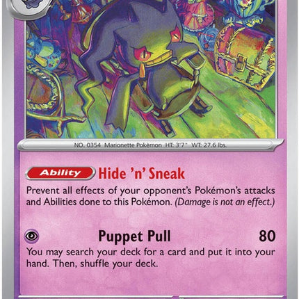 Pitch Black Banette Pokémon card from the ME05 singles set, featuring a dark-themed illustration of the Ghost-type Pokémon.