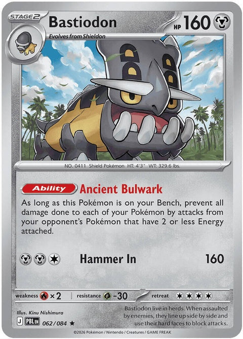 Pokémon Bastiodon in Pitch Black color, single card from the ME05 series, featuring detailed artwork and branding.