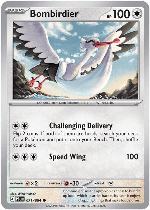 Pitch Black Bombirdier Pokémon single card from the ME05 set, featuring detailed artwork of the dark-colored bird Pokémon.
