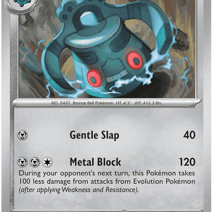 Pokémon ME05 Pitch Black Bronzong single card, featuring detailed artwork of the Steel/Psychic type Pokémon.