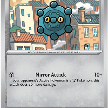 Pitch Black Bronzor Pokémon card from the ME05 series, featuring a detailed image of the Steel/Psychic type collectible card.