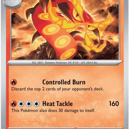 Pokémon Mega Evolution ME05 Pitch Black Centiskorch, a shiny fire-type Pokémon from the singles series.