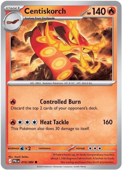 Pokémon Mega Evolution ME05 Pitch Black Centiskorch, a shiny fire-type Pokémon from the singles series.