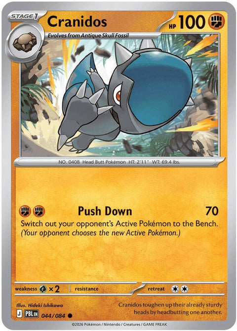 Pokémon Cranidos from the Pitch Black series, singles card number 44, featuring a detailed illustration of the fossil Pokémon.