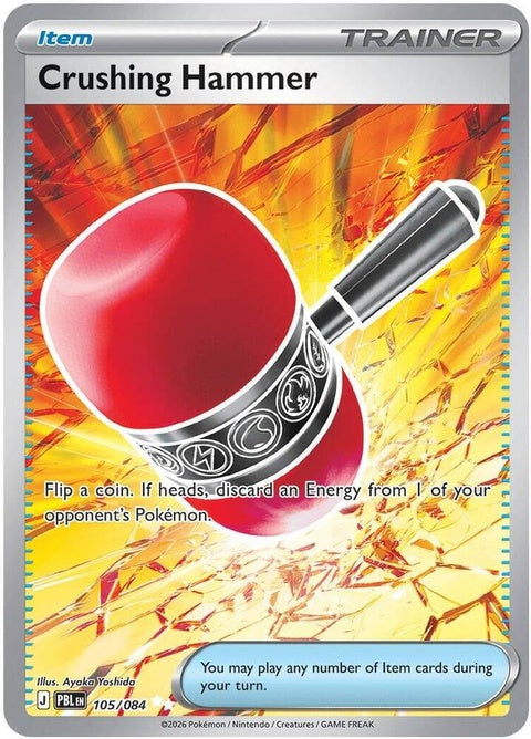 Pokémon ME05 Pitch Black Crushing Hammer single card featuring a black design and artwork of a hammer, for trading card collection.