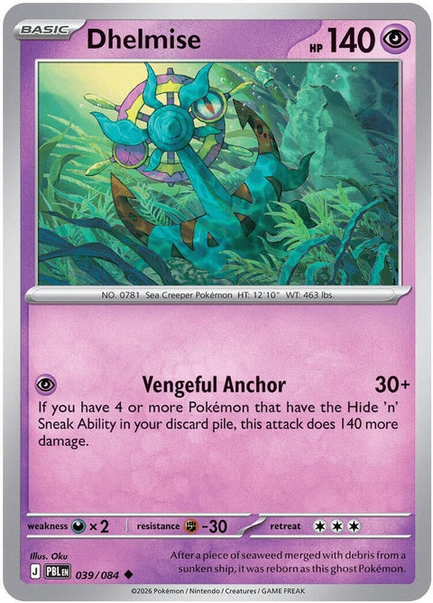 Pokémon ME05 Pitch Black Dhelmise single card featuring Dhelmise in black and green colors with detailed artwork.