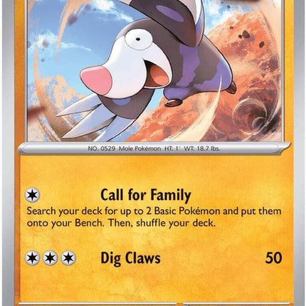 Pokémon ME05 Pitch Black Drilbur singles card featuring a black illustration of the Ground-type Pokémon.