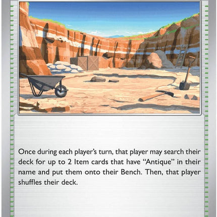 Pokémon ME05 Pitch Black Fossil Quarry singles card, featuring detailed artwork and branding on a dark background.