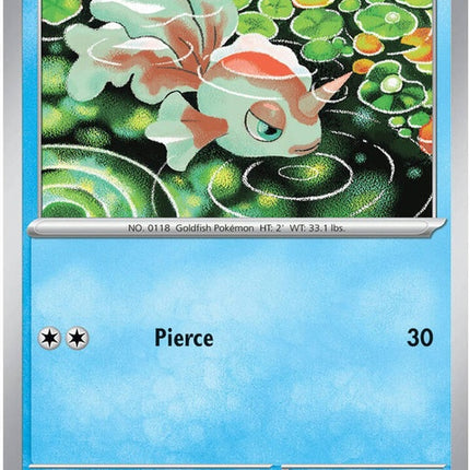 Pokémon ME05 Pitch Black Goldeen single card, detailed artwork, Pokémon branding, lying on a plain background.