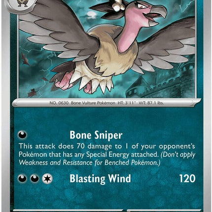 Pokémon ME05 Pitch Black Mandibuzz single card, black-themed Pokémon trading card featuring Mandibuzz in a dynamic pose.