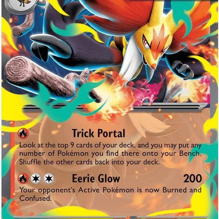 Pokémon Mega Delphox EX card from the Pitch Black set, featuring detailed artwork of the fire-type Pokémon.